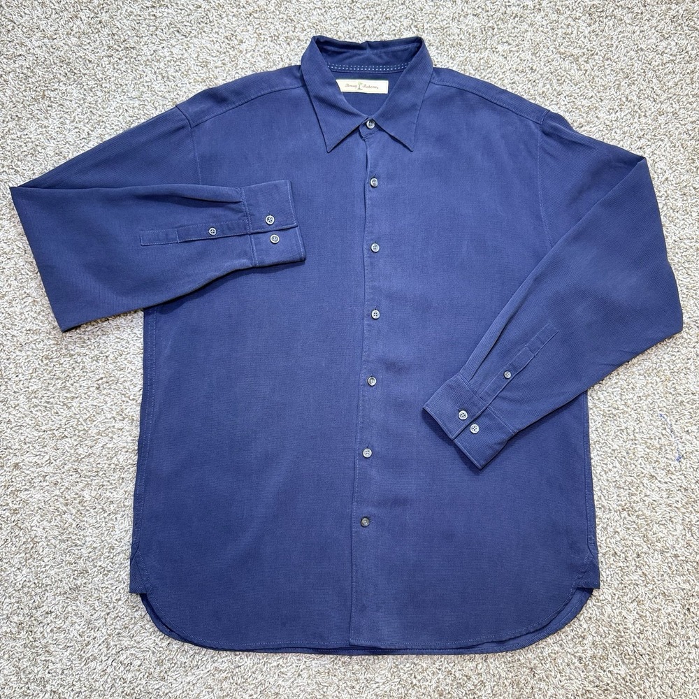 VTG Y2K Tommy Bahama Mens L Blue 100% Silk Long Sleeve Button Up Shirt 2000s